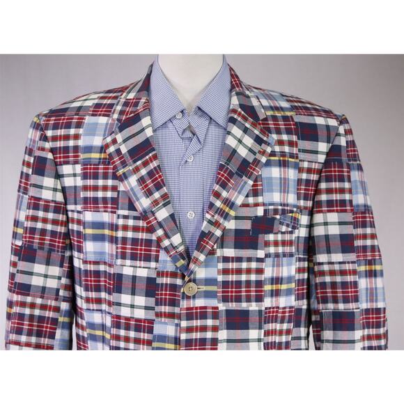 Etienne Aigner Men's Patchwork Madras Red Blue Plaid Cotton Blazer Large 44R - Picture 3 of 9